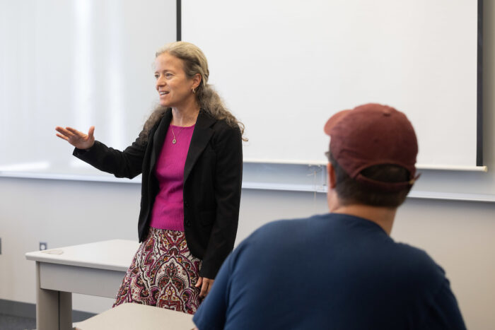 Dr. Michelle Morgan teaching in a classroom at Missouri State University's Strong Hall