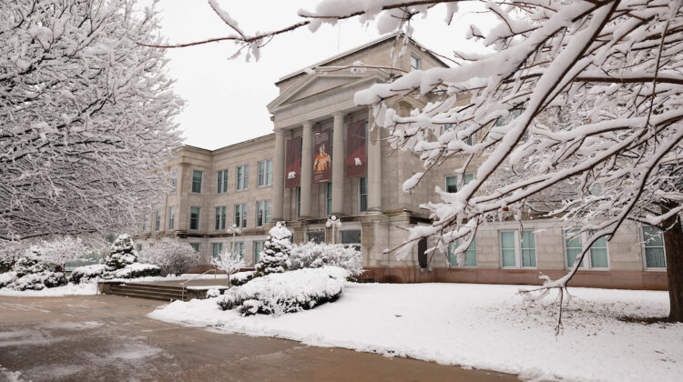 A view of Missouri State's Carrington Hall, dusted with snow.