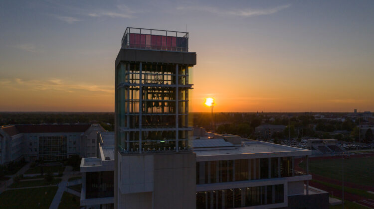Sunset behind the Meyer Library Carillon, seen from the air.