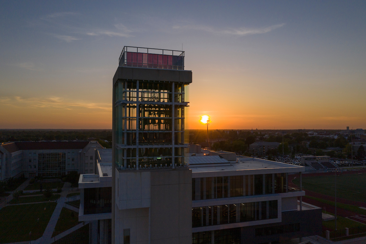 Sunset behind the Meyer Library Carillon, seen from the air.