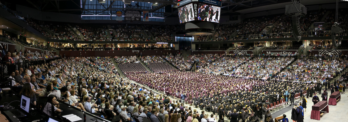 Panoramic view of the crowd at Missouri State University's Commencement