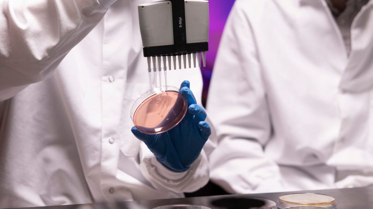 Closeup of two people working with equipment in a lab environment