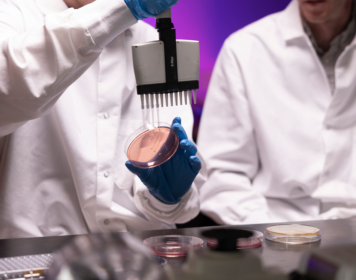 Closeup of two people working with equipment in a lab environment