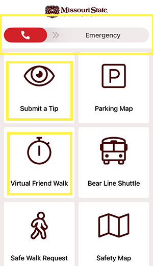 Screenshot of the Bear Shield app, showing functions that include: Emergency, Submit a Tip, Virtual Friend Walk, Safe Walk Request, Parking Map, Bear Line Shuttle and Safety Map