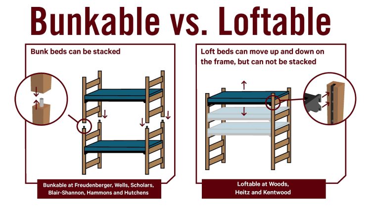 bunkable vs loftable beds with diagram showing that bunkbeds have pegs and loft beds can be raised or lowered
