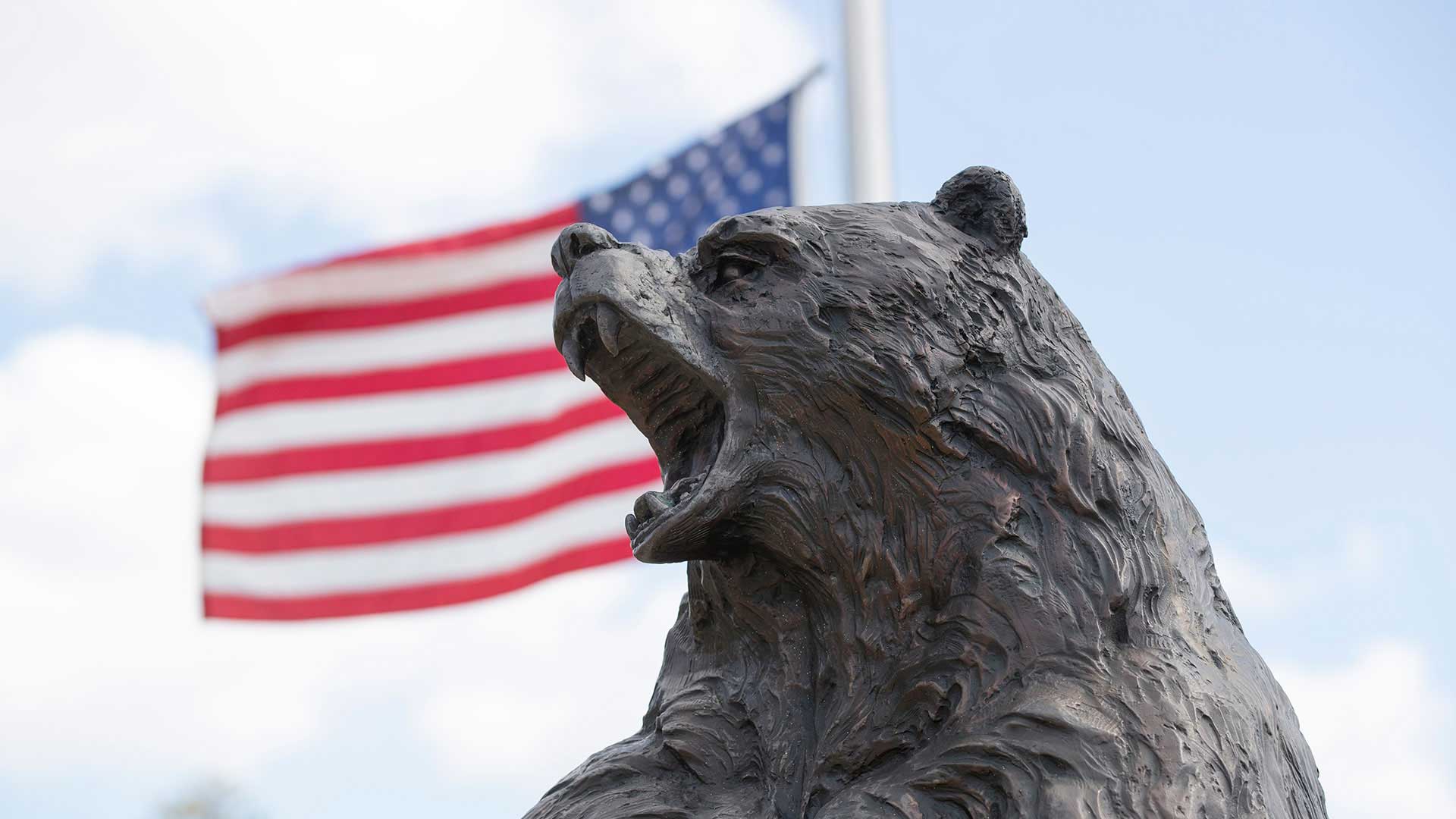 Statue of bear with American flag in background