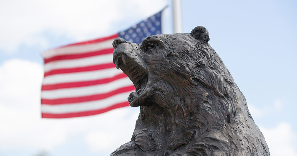 Statue of bear with American flag in background
