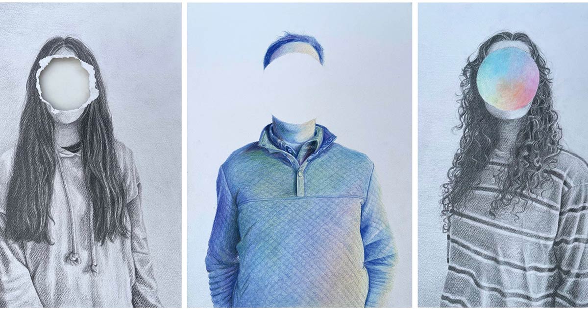 Artwork of three individuals without faces