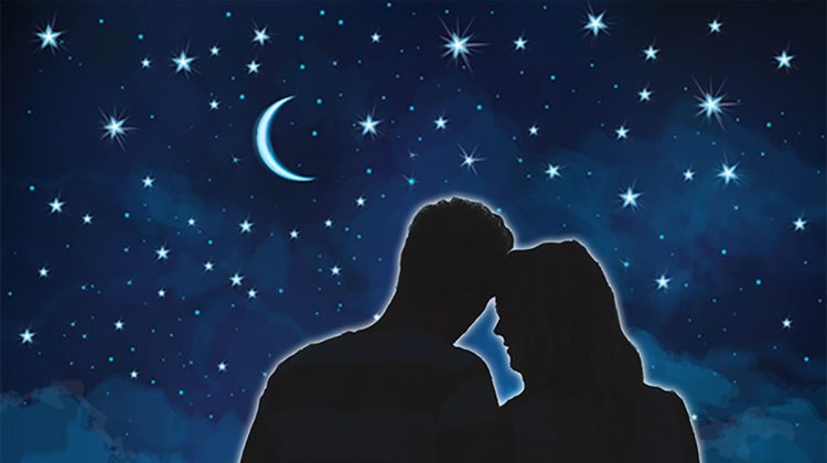 Digital image of man and woman under starry sky