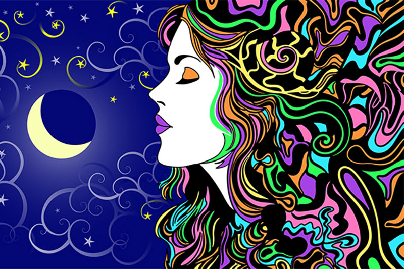 Colorful psychedelic image of woman and moon