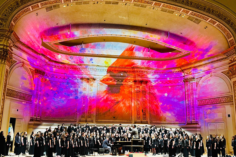 Orchestra performing at Carnegie Hall with screen projection of a cardinal bird in background