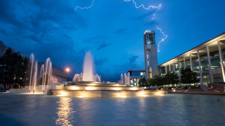 A night storm comes over campus.