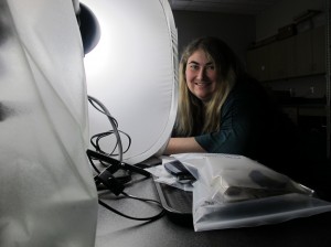 Sarah O’Donnell with lighting equipment for taking ceramic sample photographs, June 2013