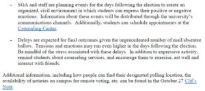 - SGA and staff are planning events for the days following the election to create an organized, civil environment in which students can express their positive or negative emotions. Information about these events will be distributed through the university’s communications channels. Additionally, students can schedule appointments at the Counseling Center. - Delays are expected for final outcomes given the unprecedented number of mail/absentee ballots. Tensions and emotions may run even higher in the days following the election. Be mindful of the stress associated with these delays. In addition to expressive activity, remind students about counseling services, and encourage them to exercise, eat well and interact with friends. Additional information, including how people can find their designated polling location, the availability of notaries on campus for remote voting, etc. can be found in the October 27 Clif’s Note.