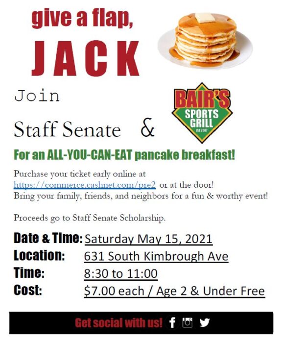 Don’t forget to join us for the Annual Pancake Breakfast! Date: Saturday, May 15th Time: 8:30 am to 11:30 am Location: Bair’s. 631 South Kimbrough Ave Cost: All you eat for seven dollars a ticket. Kids two and under eat free! Details: Purchase tickets in advance by going to https://commerce.cashnet.com/pre2 OR at the door!
