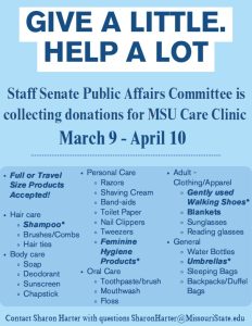 Flyer showing a list of items that the MSU Care Clinic needs for a donation drive March 9-April 10 hosted by Staff Senate Public Affairs Committee