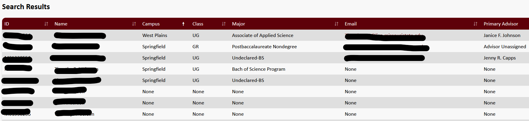 Student search results showing West Plains campus and academic data. 