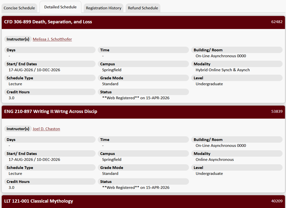 Student schedule with detailed information in a grid format. 