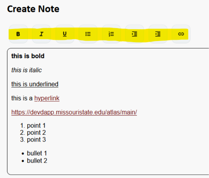 Example note post showing rich text features of bold, italic, hyperlinks, ordered, and unordered lists. 