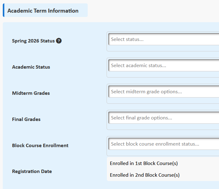 Student list filter page showing addition of first and second block semester filter options. 