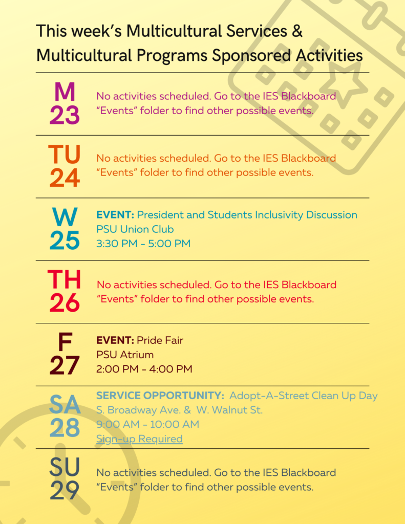 This week's Multicultural Services & Multicultural Programs Sponsored Activities