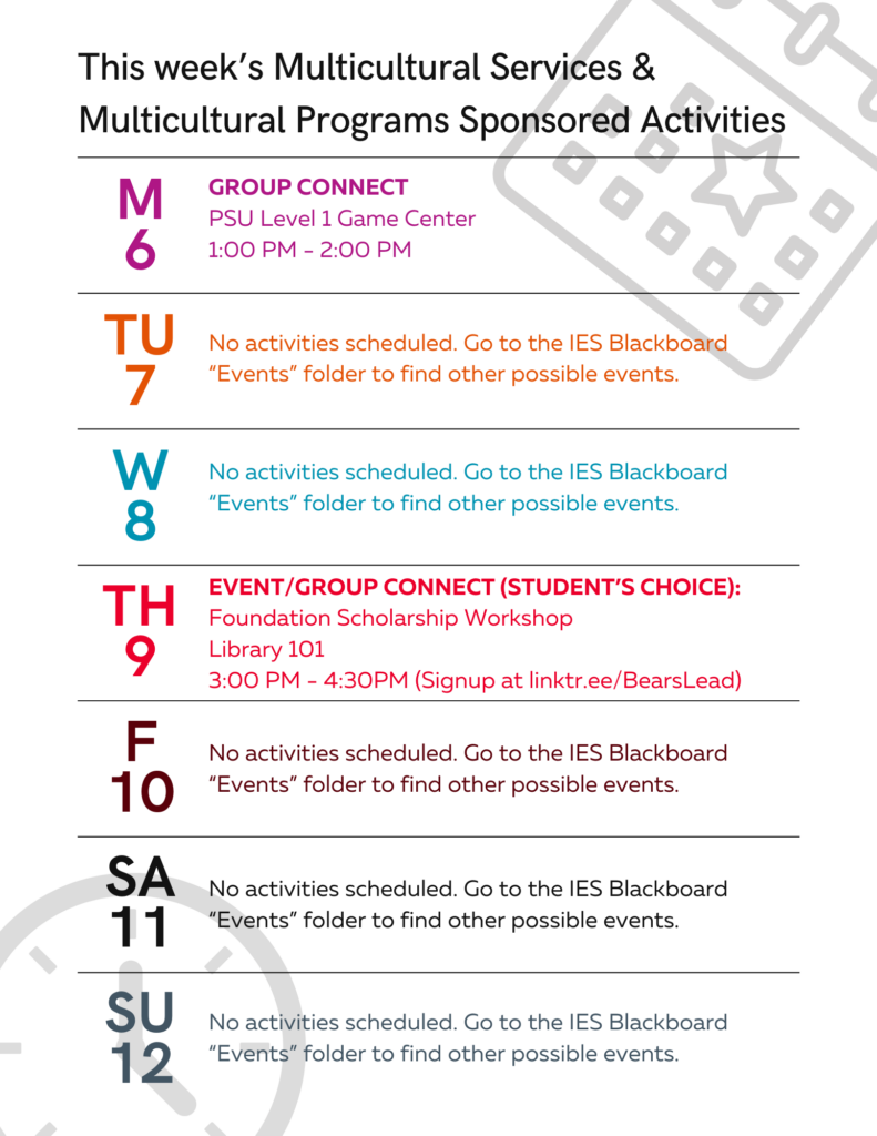 This week's Multicultural Services & Multicultural Programs Sponsored Activities