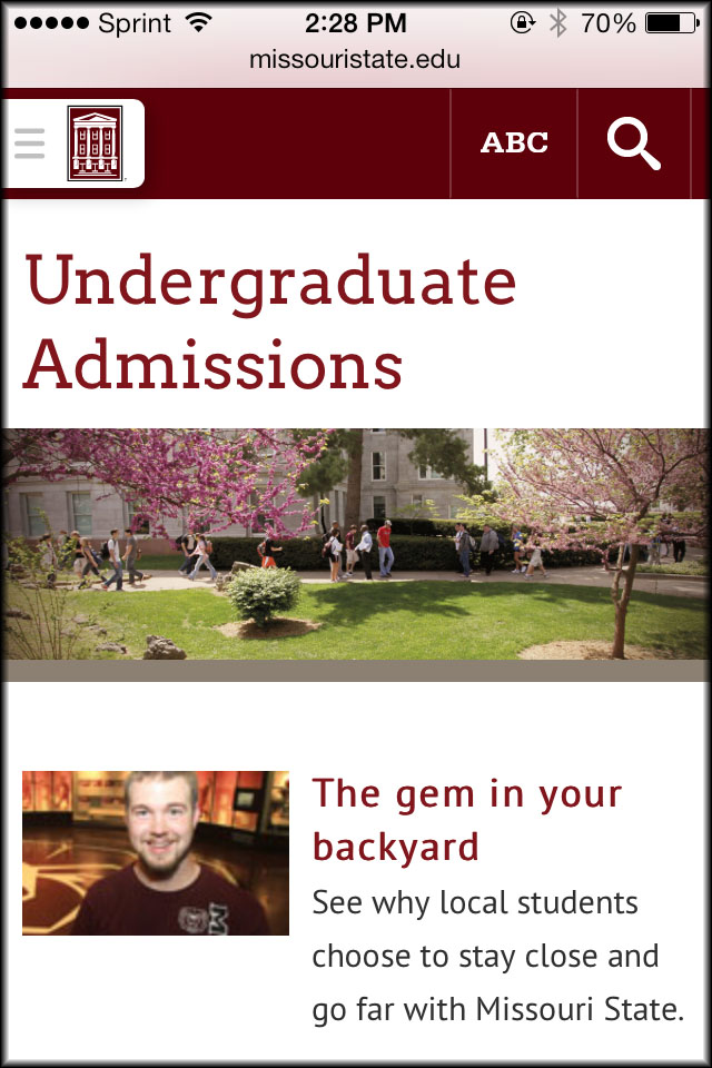 Mobile view of Missouri State admissions site