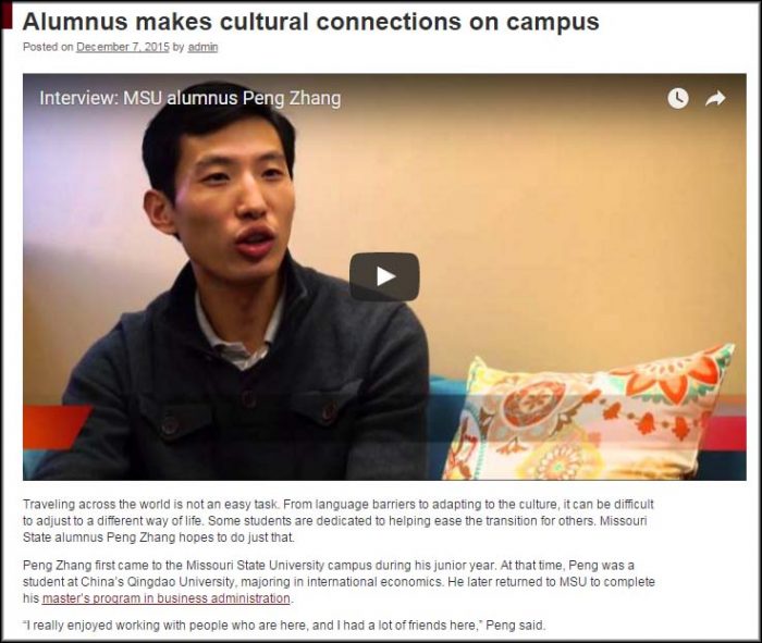 Story about Peng Zhang's work with Missouri State's China Programs