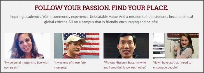 Four stories created by Missouri State students, as seen on the University homepage