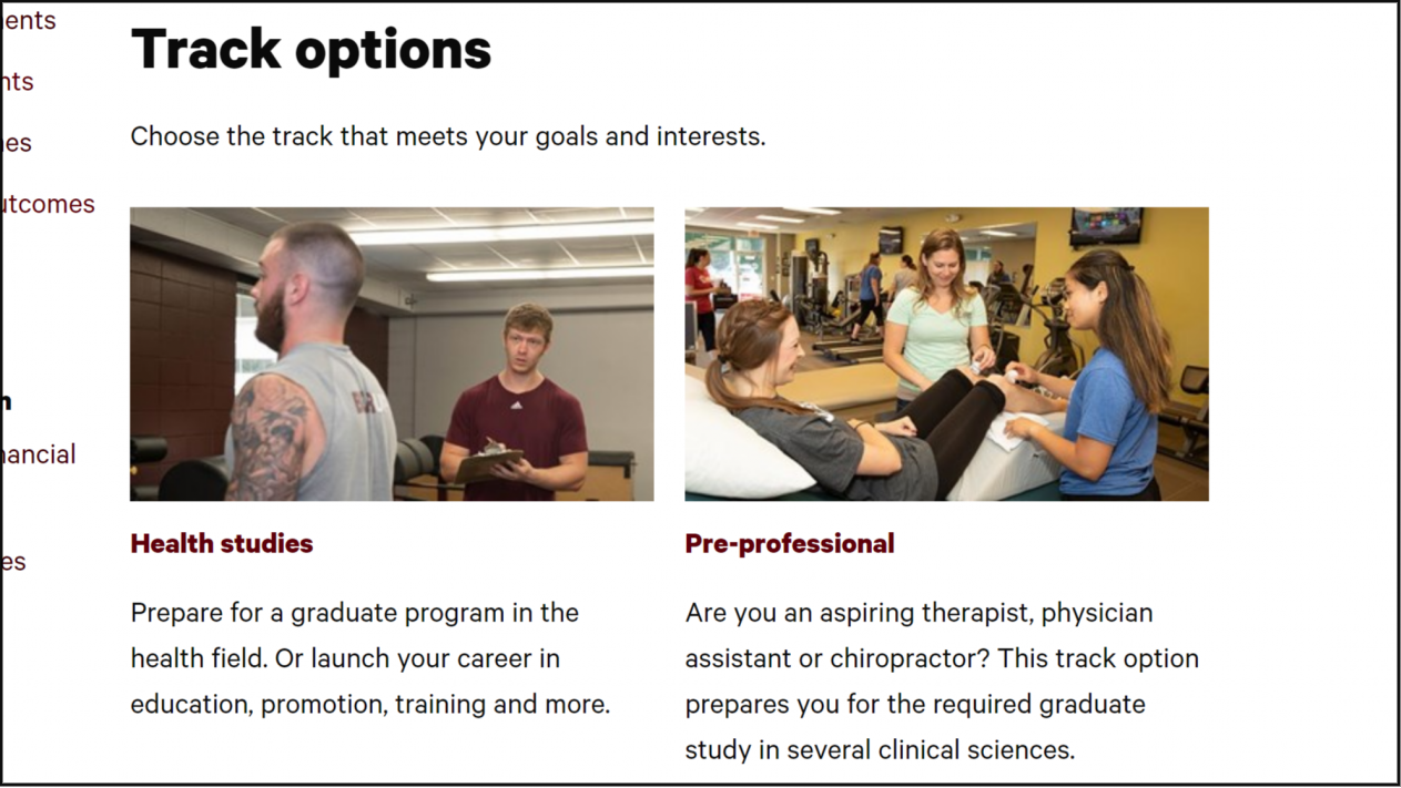 Track option areas on exercise and movement science program homepage.