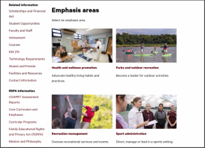 Emphasis areas for the recreation, sport and park administration program website