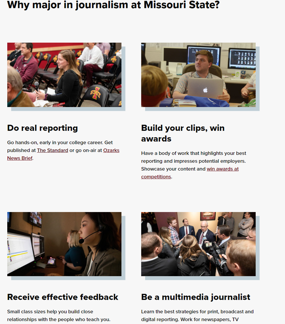 Key highlights for journalism program on media, journalism and film website.