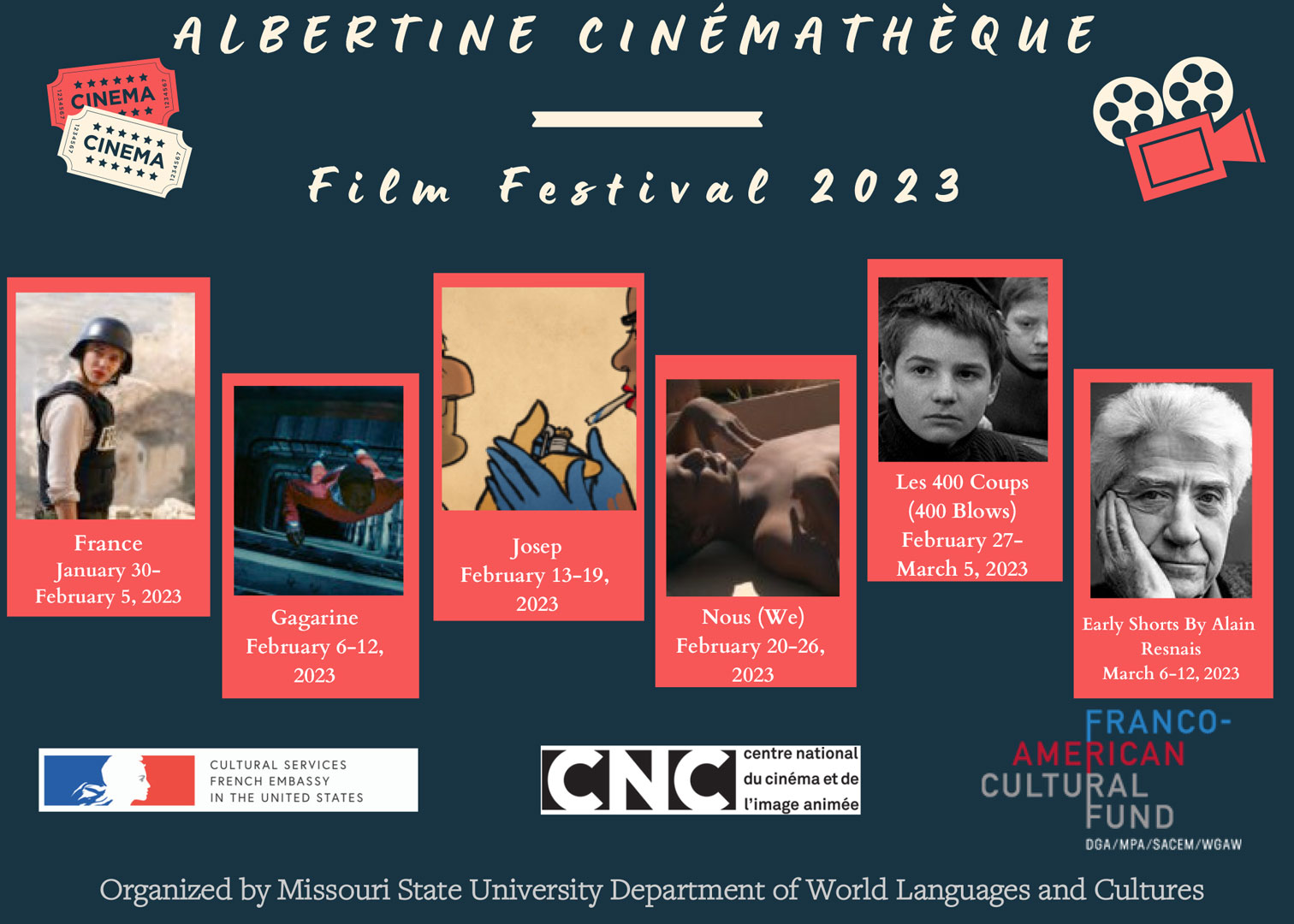 Poster listing all films for the 2023 Albertine Cinémathèque Film Festival